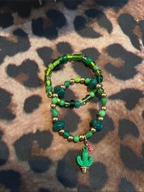 Hand Crafted Green Beaded Bracelet Set with Cactus Charm